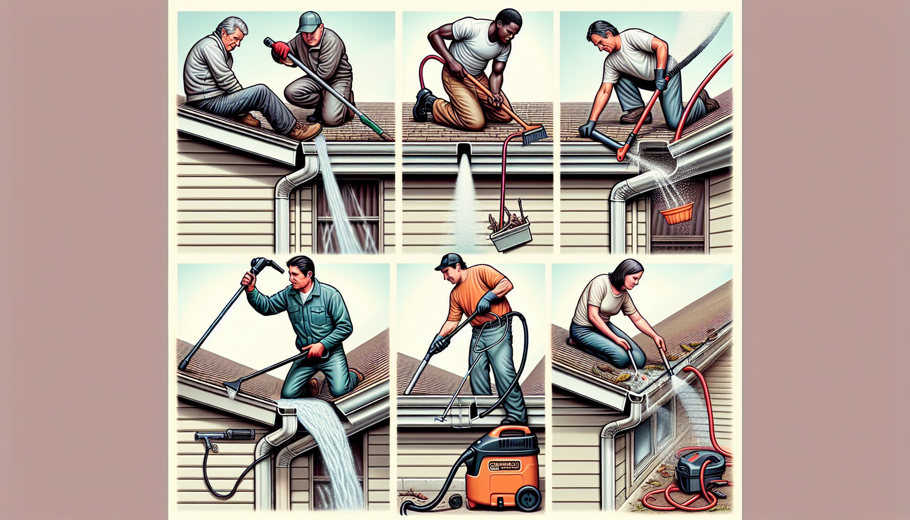 Illustration of ground-level gutter cleaning techniques using specialized tools