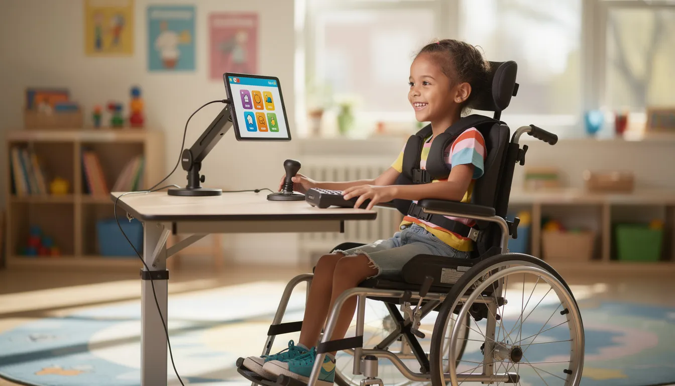 A child with cerebral palsy is smiling while seated in a wheelchair, using adaptive technology designed to assist with their mobility and communication. The image captures the joy and empowerment that adaptive equipment can bring to children facing challenges related to their medical condition.