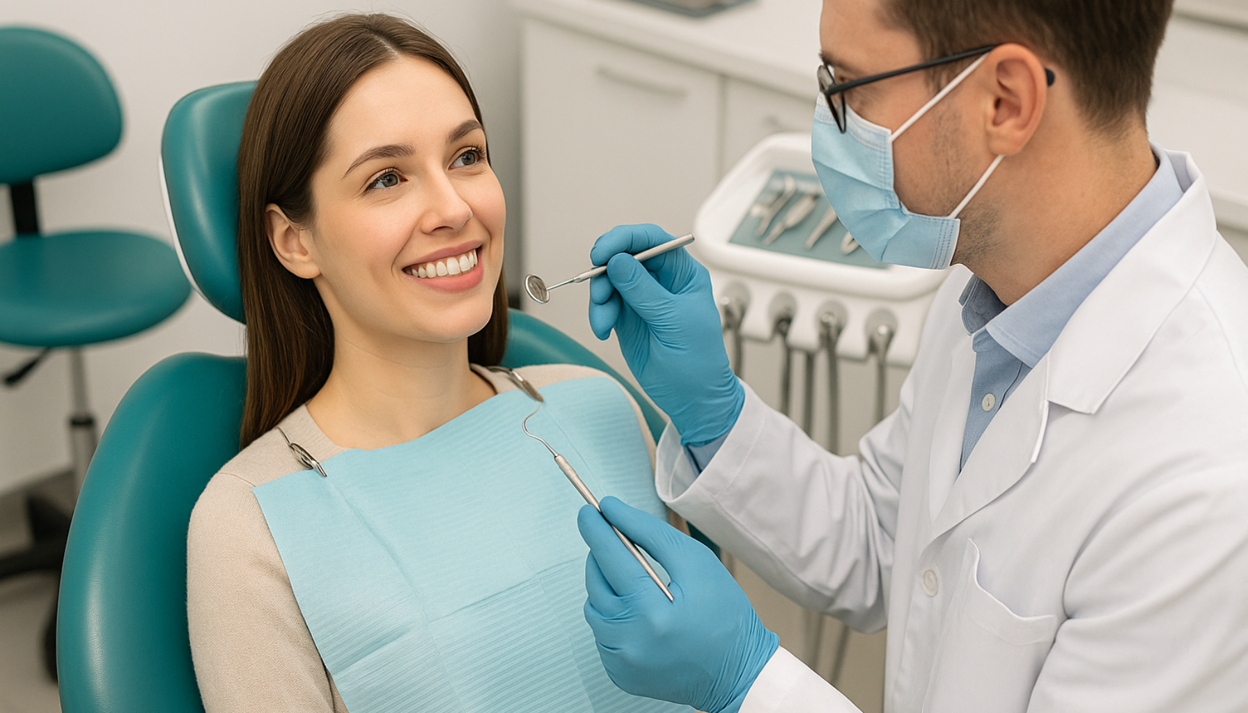 Kvinne smiler i moderne tannlegestol mens en tannlege med munnbind og hansker forbereder behandling i privat tannklinikk.