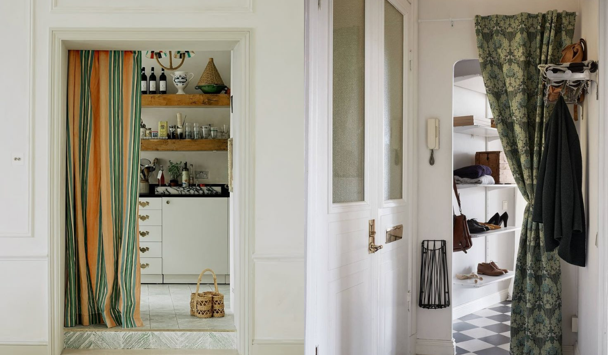 Lock-up showing two curtained doorways - one into a kitchen - the other in a small apartment to hide closet space