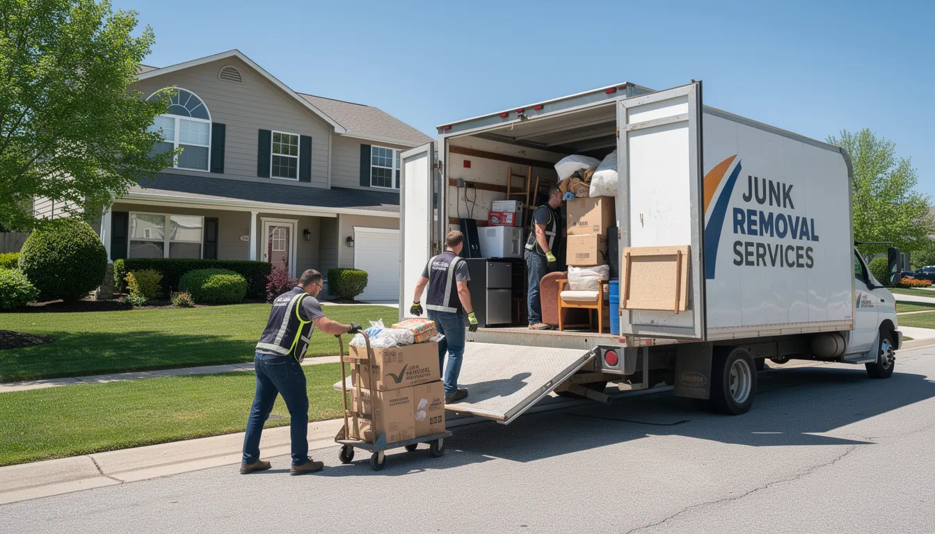 A professional junk removal team is seen loading various items, including old mattresses and box springs, into a truck outside a residential home, demonstrating efficient disposal and recycling practices. The team is focused on providing a service that helps residents properly dispose of unwanted furniture while minimizing landfill impact.