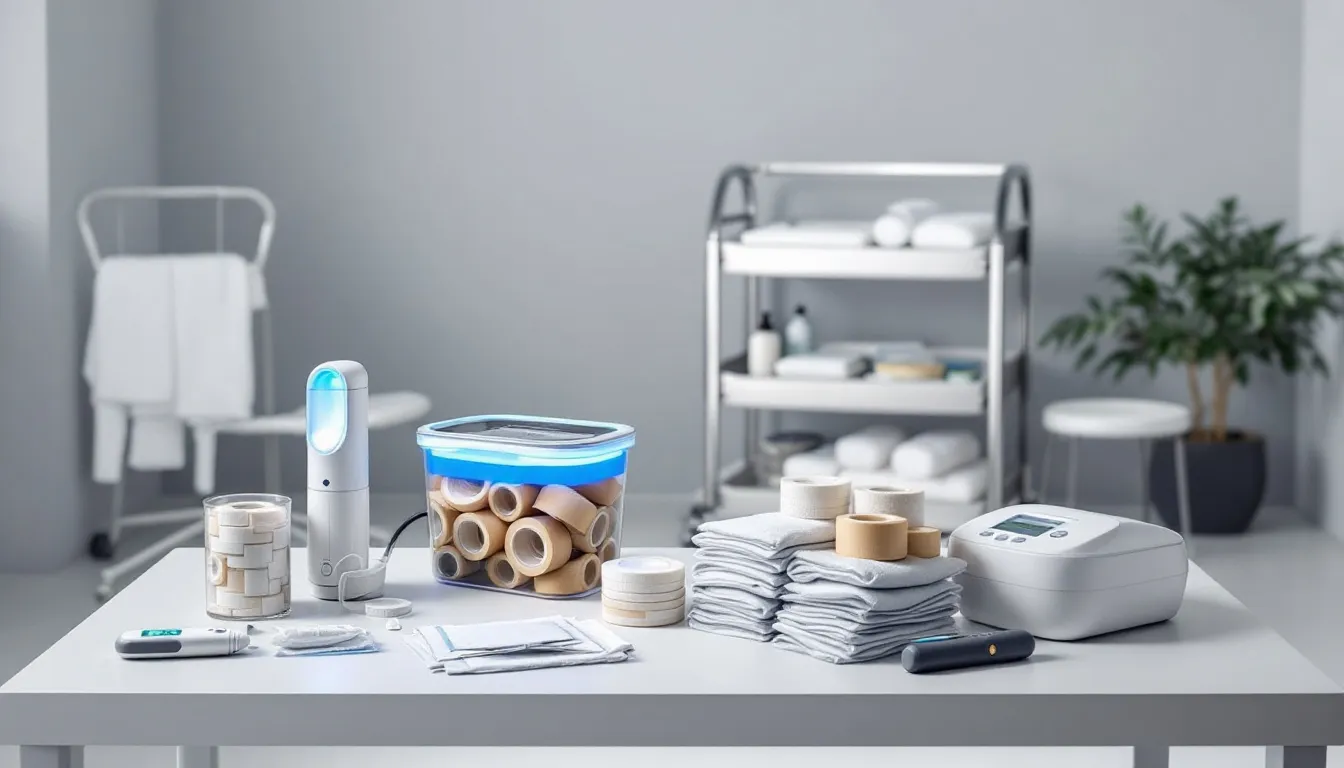 A variety of portable wound care products displayed on a table, showcasing the rising demand for effective solutions.