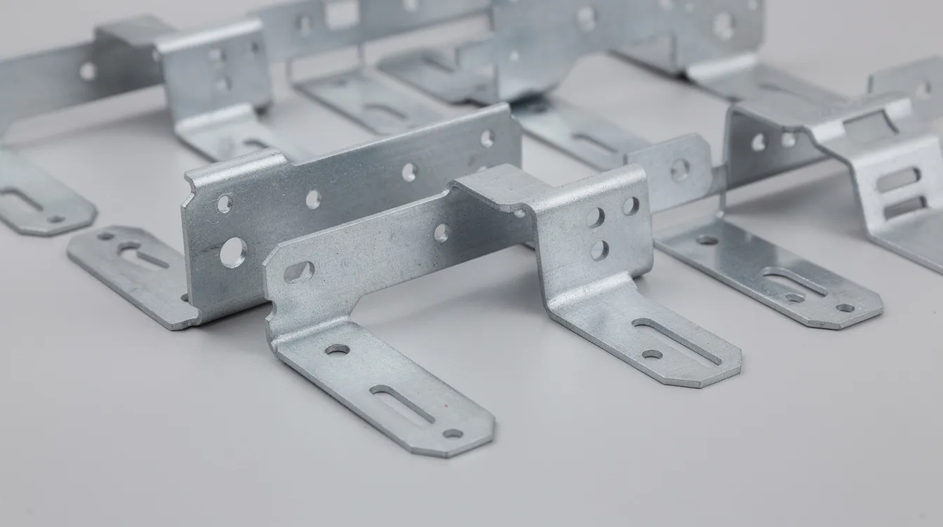 The image depicts several bent sheet metal brackets featuring punched holes and slots near their formed flanges, showcasing the precision of the bending process. These sheet metal parts are designed with uniform wall thickness and specific bend angles, highlighting the complexity of sheet metal design and manufacturing techniques.