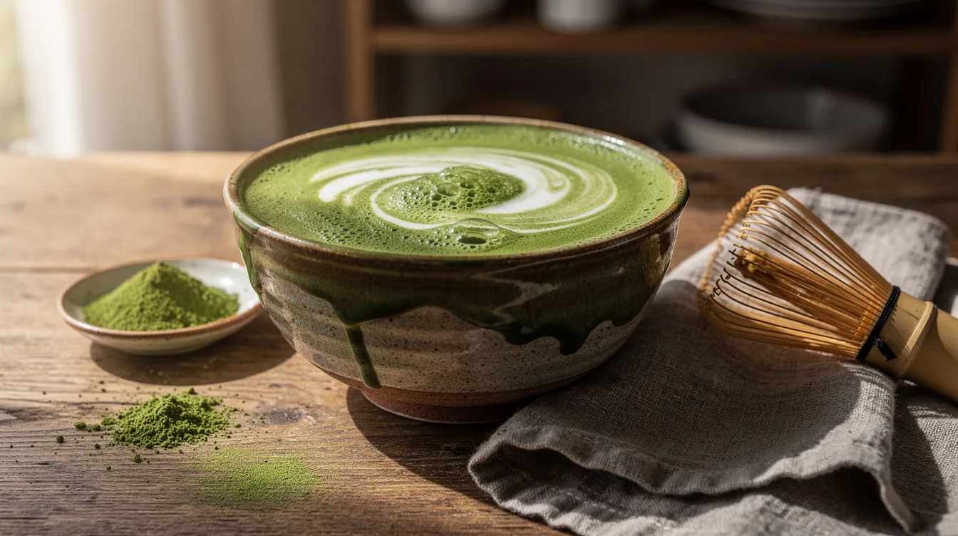 Ein frisch zubereiteter Matcha Latte in einer keramischen Schale zeigt die lebendige grüne Farbe des Matcha mit leicht unregelmäßigem Milchschaum. Die sanften Schatten, die durch das natürliche Licht aus dem Fenster entstehen, ergänzen die minimalistische japanische Teekultur, während ein Bambusbesen und eine kleine Schale mit Matcha Pulver auf dem Holztisch liegen.