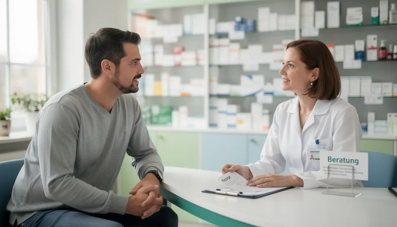 Eine Person führt ein Gespräch mit einem Arzt oder Apotheker über die Wirkungen von Cannabidiol (CBD) und dessen Varianten. Dabei werden Themen wie die Vorteile von H4CBD und die Unterschiede zu herkömmlichem CBD angesprochen.