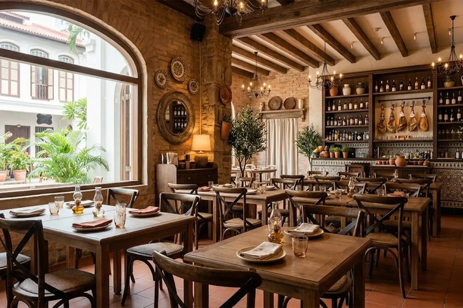 Rustic Spanish restaurant interior with brick walls, wooden tables, and hanging cured ham legs displayed in the background.
