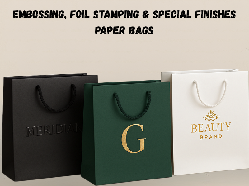 an illustration of a Embossing, Foil Stamping & Special Finishes of paper bags