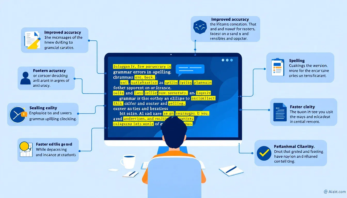 The image illustrates an AI checker tool designed for detecting AI-generated content, showcasing its benefits in accurately identifying AI-written text versus human writing. It highlights features such as advanced algorithms, seamless integration with writing tools like Google Docs, and the ability to analyze text for originality, ensuring users can maintain high standards in their writing process.