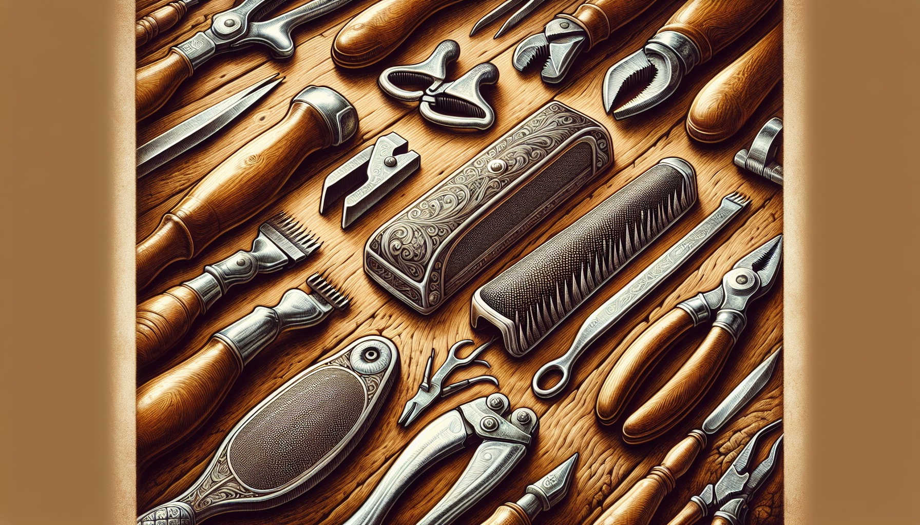 Illustration of various tools used for trimming hooves on horses.