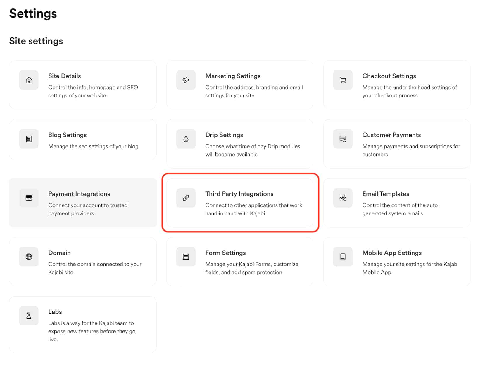 Kajabi settings page with "Third party integrations" highlighted