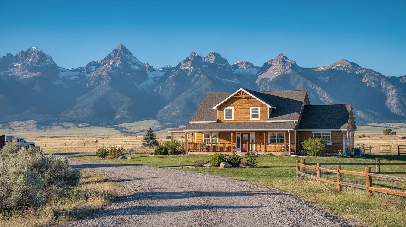 The image depicts a charming family home nestled against a stunning mountain range, set under a clear Wyoming sky. This picturesque scene evokes a sense of tranquility and stability, reflecting the importance of the homestead exemption in protecting essential assets during the bankruptcy process for Wyoming residents.