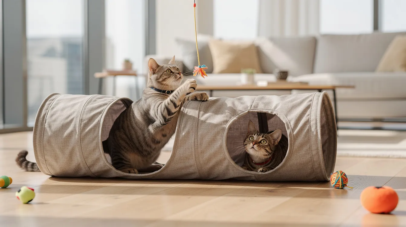 Two playful cats are enjoying their time inside a multi-entry fabric tunnel, featuring two peepholes and made of soft polyester fabric, in a stylish modern apartment. The scene captures the fun of indoor cats as they chase each other and explore the cozy cat play tunnel, showcasing a delightful moment of playtime.