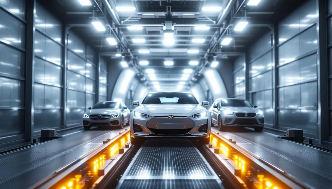 The image depicts an automated car imaging tunnel at an auction house, where vehicles move through a conveyor system, allowing for high-quality images to be captured efficiently. This setup showcases the power of smart device technology in the automotive industry, providing a comprehensive view of each vehicle for potential buyers.