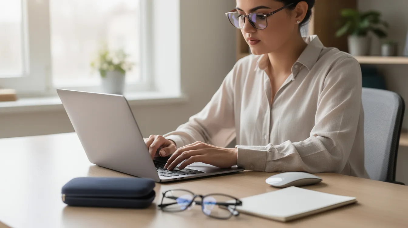 Uma pessoa está usando um notebook em um ambiente bem iluminado, com óculos no rosto e um estojo de lentes de contato sobre a mesa. O ambiente sugere um espaço de trabalho confortável e prático, ideal para quem busca informações sobre produtos como lentes de contato da marca Johnson & Johnson ou Acuvue.