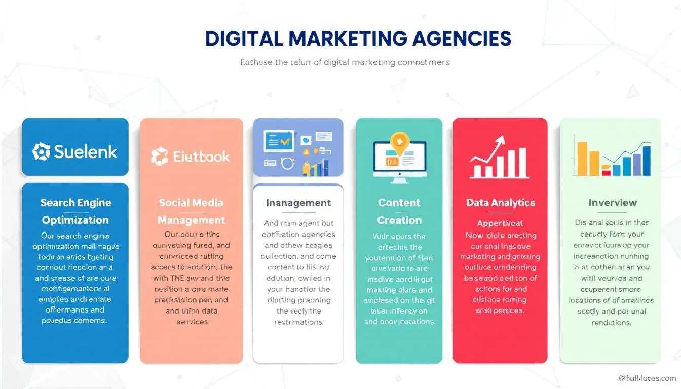 The image illustrates various digital marketing companies showcasing their services, including search engine optimization, content marketing, and social media marketing strategies aimed at enhancing online visibility for small businesses. It highlights the importance of tailored digital marketing strategies and effective marketing solutions to achieve measurable results and drive business growth.