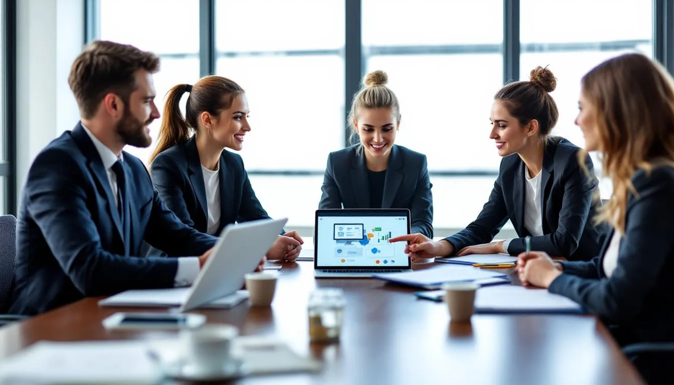 A diverse group of business professionals is gathered around a sleek conference table, actively discussing innovative digital marketing strategies to enhance their company's online visibility and drive results. The atmosphere is collaborative, with team members sharing insights on tailored strategies to meet their business goals and increase traffic for their clients.
