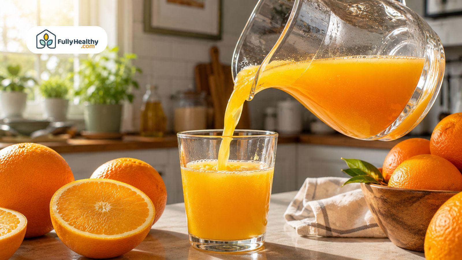 Pouring fresh squeezed orange juice into glass beside ripe whole oranges