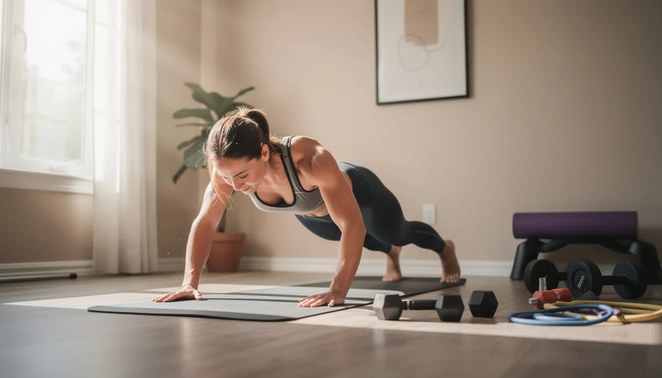 A person is performing bodyweight exercises, such as push-ups, in a bright home gym filled with natural light, emphasizing their commitment to personal fitness goals and a healthy lifestyle. The scene reflects a focused workout routine aimed at improving overall health and achieving long-term fitness success.