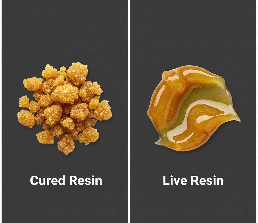 A vertically split image with a white line down the center. On the left side, a pile of golden, crystalline cured cannabis resin with a crumbly, textured appearance, set against a dark, charcoal gray background. Below it, the text "Cured Resin" in bold white. On the right side, a viscous, golden-yellow dab of live cannabis resin, appearing as a thick, gooey liquid, also on a dark, charcoal gray background. Below it, the text "Live Resin" in bold white. The overall style is clean, clear, and product-focused, like an informational graphic.
