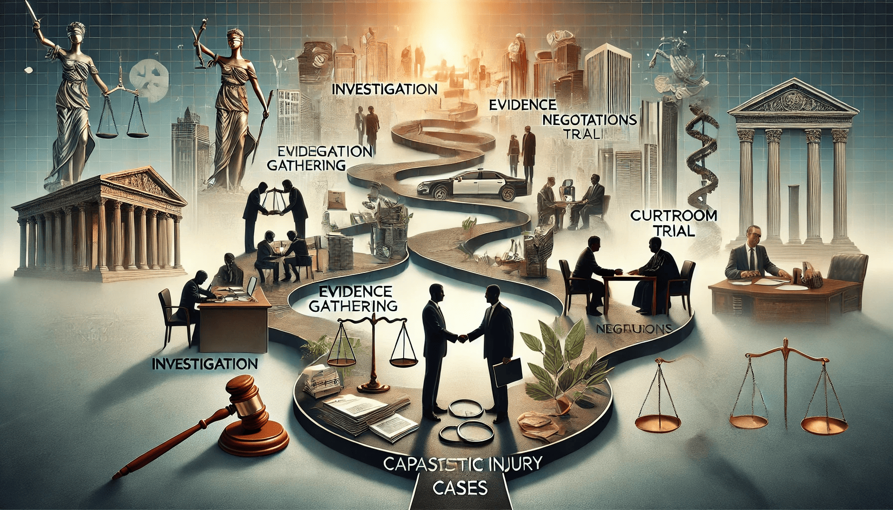 A visual representation of the legal journey in catastrophic injury cases. The image features a symbolic path or road transitioning through key stages: investigation, evidence gathering, negotiations, and courtroom trial. Each stage is depicted with relevant visuals, such as a magnifying glass over documents, legal scales, a handshake, and a courtroom setting with a judge and jury. The background includes subtle elements of a cityscape to provide context, and the overall atmosphere conveys professionalism, determination, and the pursuit of justice. The composition is 16:9 to emphasize the progression and flow of the journey.