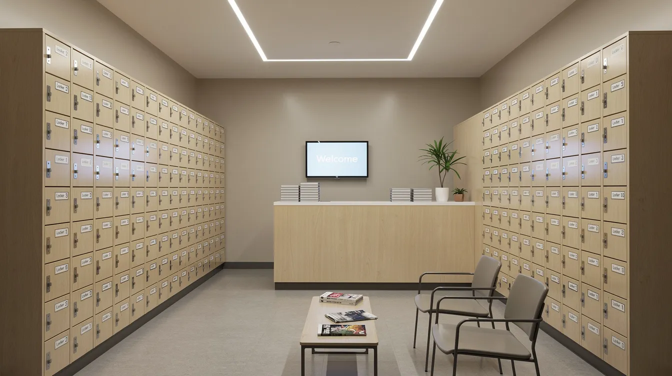 The image depicts a common room in a shelter, featuring neatly organized wall-mounted locker units designed for secure storage of belongings. In the background, a reception desk is visible, creating a welcoming space for individuals experiencing homelessness to access essential services and support.