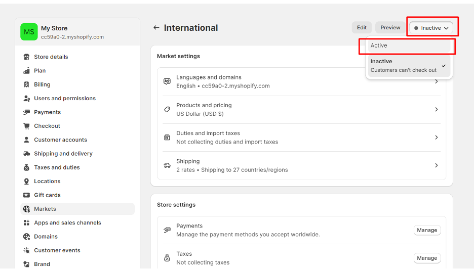 Shopify dashboard - Market settings - International - Drop down menu