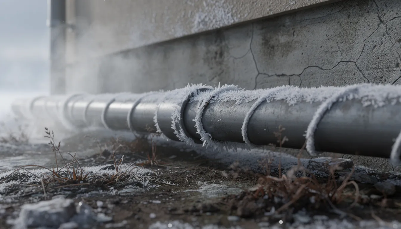 The image shows frost-covered outdoor pipes near a building foundation, highlighting the risks of plumbing emergencies in cold weather. These conditions can lead to burst pipes and other plumbing problems, emphasizing the importance of reliable emergency plumbing services.
