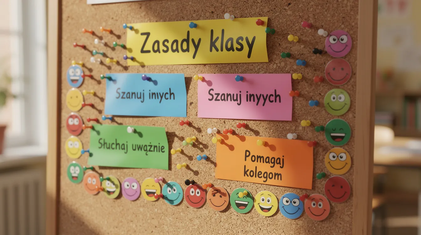Na korkowej tablicy znajdują się kolorowe kartki z zasadami klasowymi, które dotyczą zachowań uczniów w klasie. Obok nich leżą kolorowe pinezki oraz naklejki z uśmiechniętymi buźkami, które dodają radości i porządku w szkolnym otoczeniu.