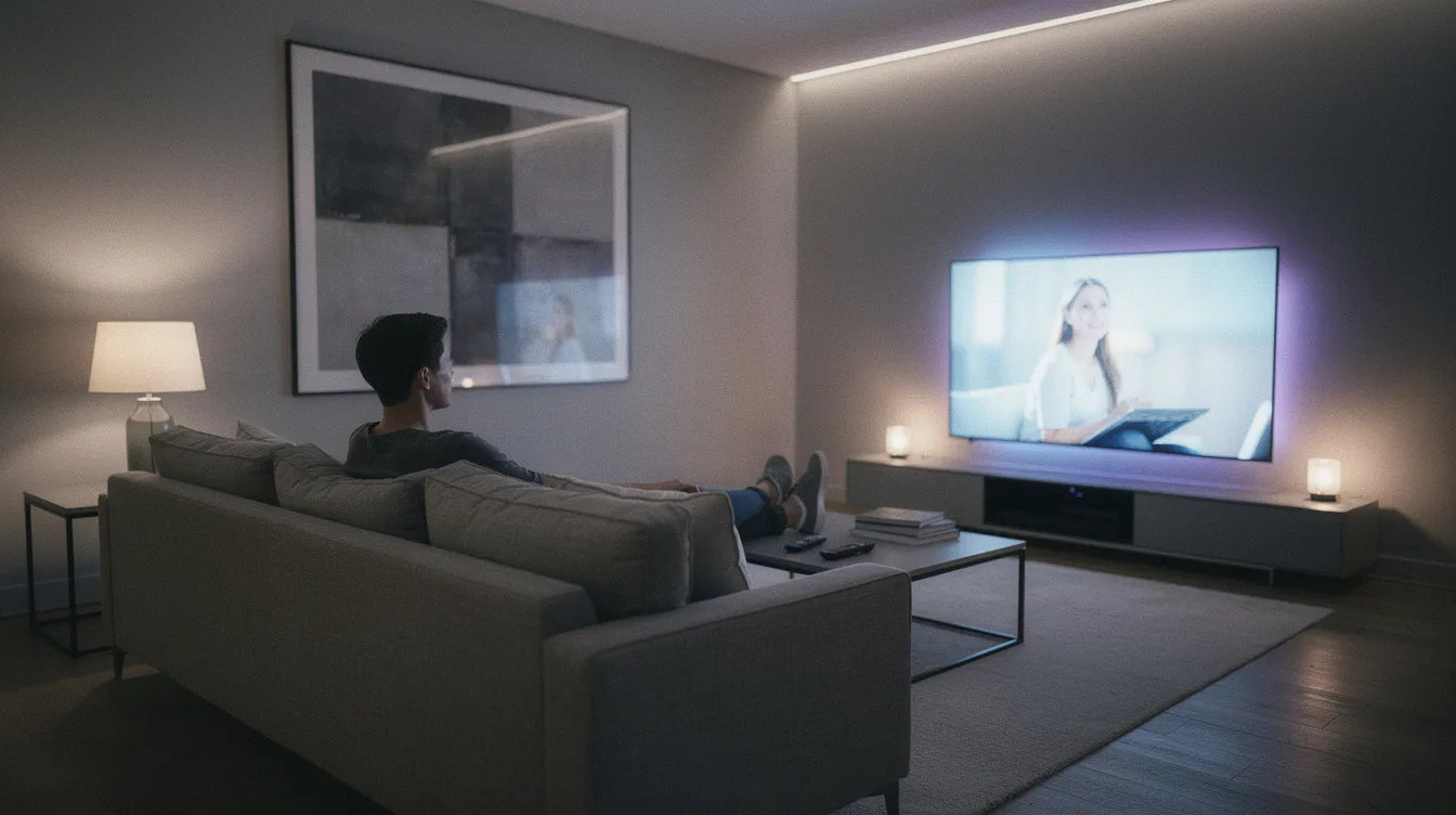 A person is comfortably lounging on a couch in a modern living room, enjoying a large flat-screen TV that displays various channels, likely through IPTV services or streaming platforms. The ambient lighting enhances the relaxing atmosphere as they watch their favorite shows or movies.