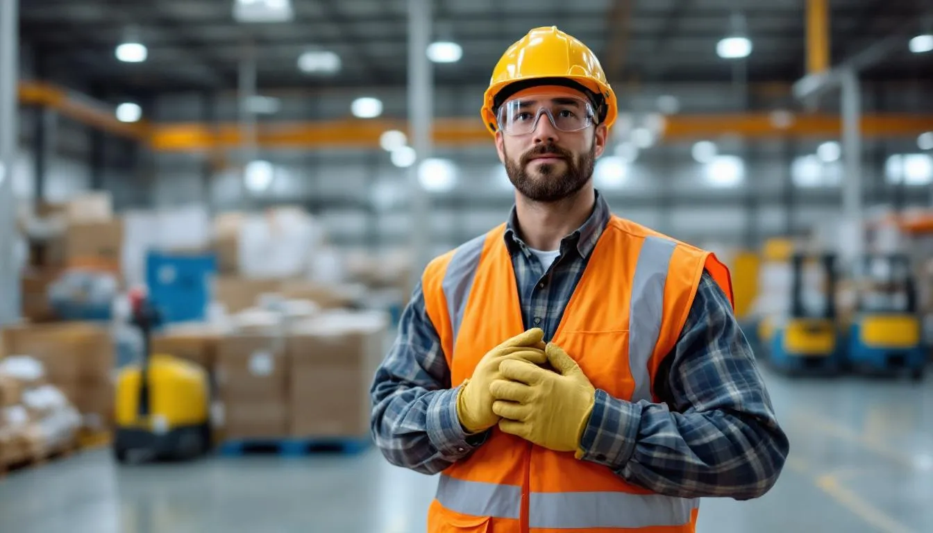 The image depicts various safety equipment and protective gear utilized by industrial cleaning crews in warehouses, including gloves, helmets, goggles, and high-visibility vests. This essential gear ensures workplace safety and supports the thorough cleaning processes required in industrial environments, such as factories and distribution centres.