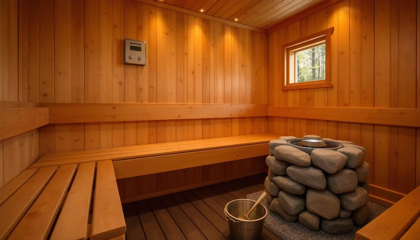 An image depicting regular sauna maintenance, showcasing a person checking the sauna heater and adjusting the temperature and humidity levels for an optimal sauna experience. The scene emphasizes the importance of maintaining the ideal sauna temperature and ensuring a comfortable environment for health benefits and relaxation.