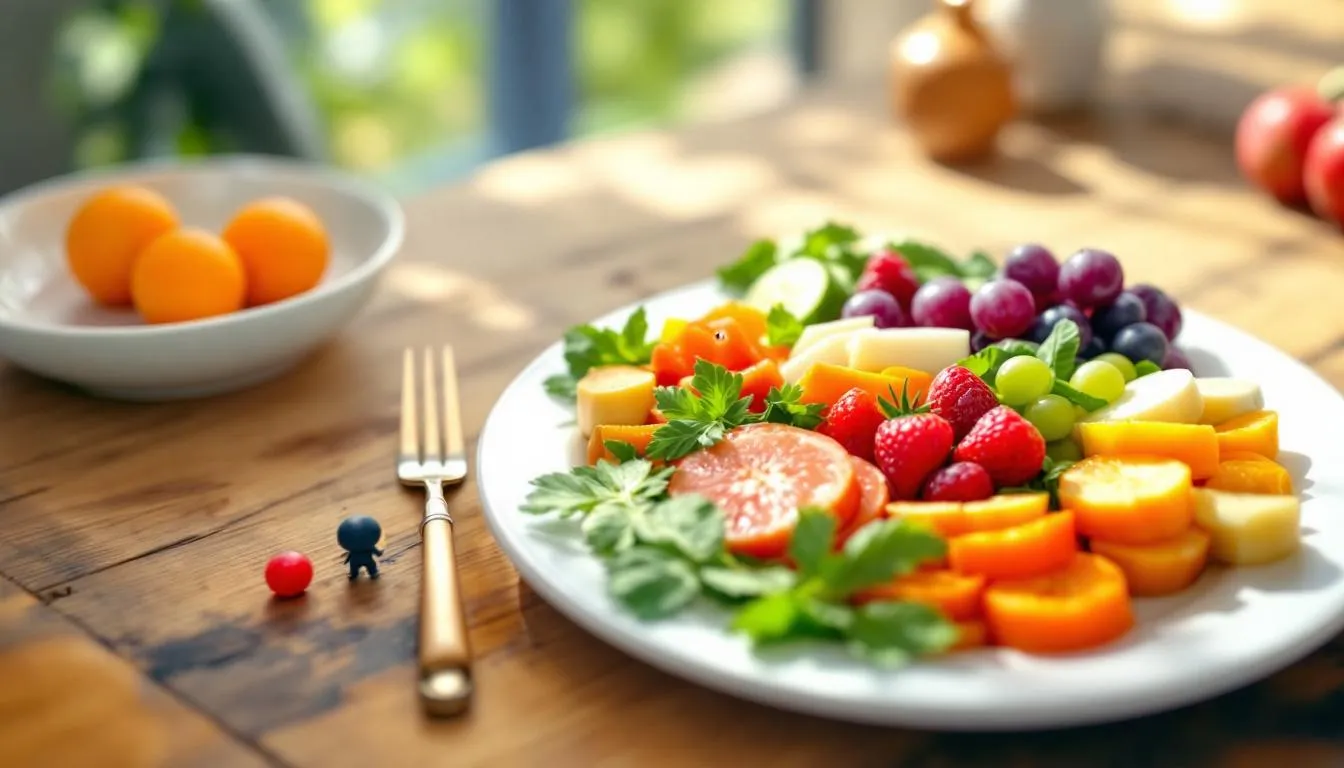 A colorful plate of healthy foods, including fruits, vegetables, and lean proteins, symbolizing a balanced diet.