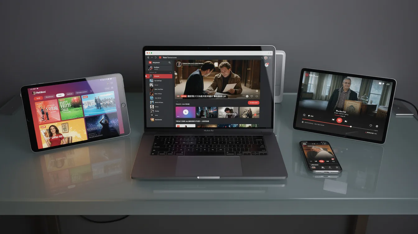 The image depicts multiple devices, including a tablet, smartphone, and laptop, each showcasing different streaming content simultaneously, highlighting the versatility of modern IPTV services. This setup illustrates the convenience of accessing live TV channels, movies, and series from various platforms, catering to the entertainment needs of UK viewers.