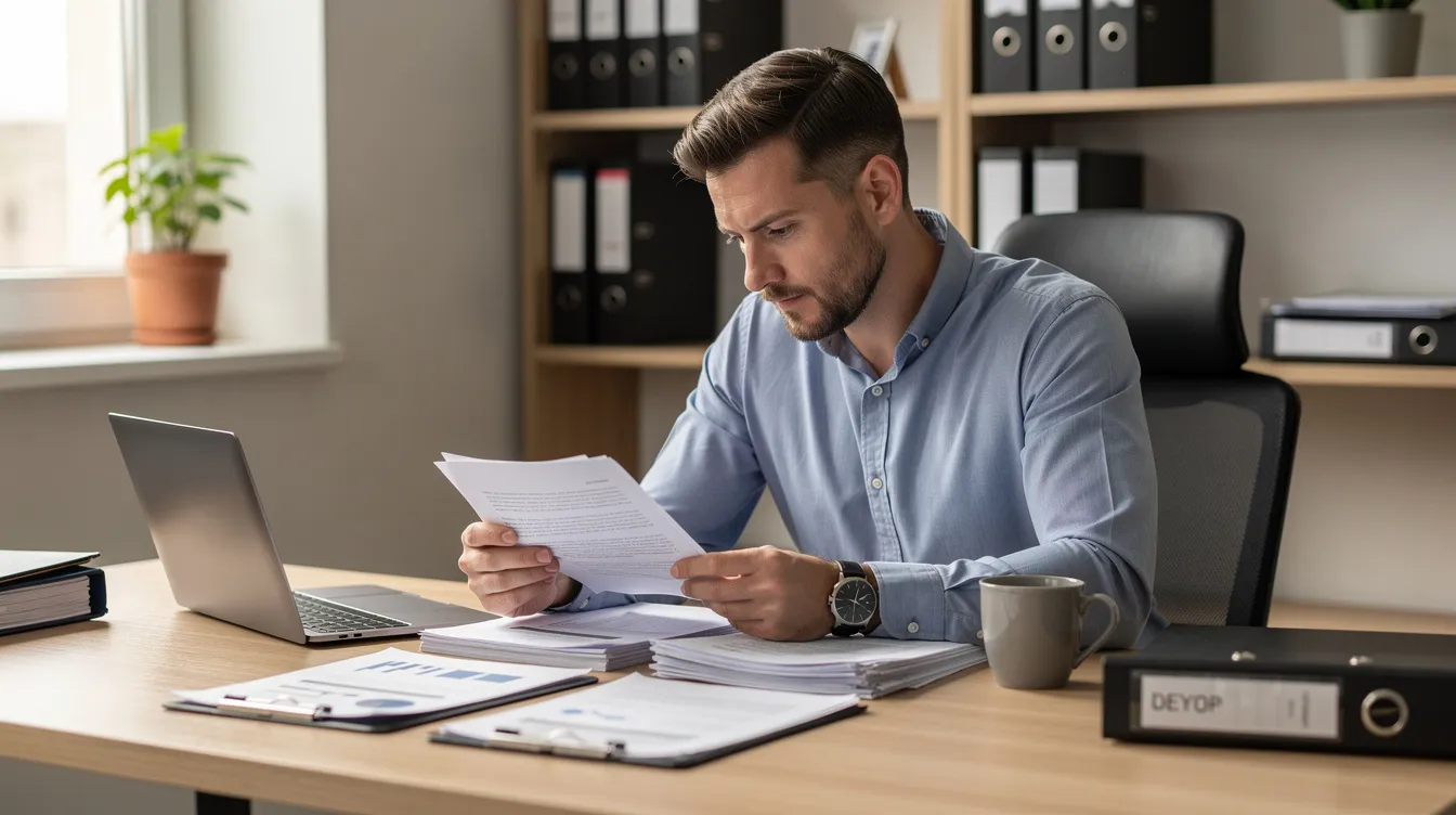 3d2c58ad 87b6 45b9 b3c6 a3b7c0b9fd9e The image depicts a small business owner seated at a desk, diligently reviewing various financial documents and paperwork related to their business operations. This scene emphasizes the importance of project reports and complete financial information for securing a mudra loan to support their micro enterprise.