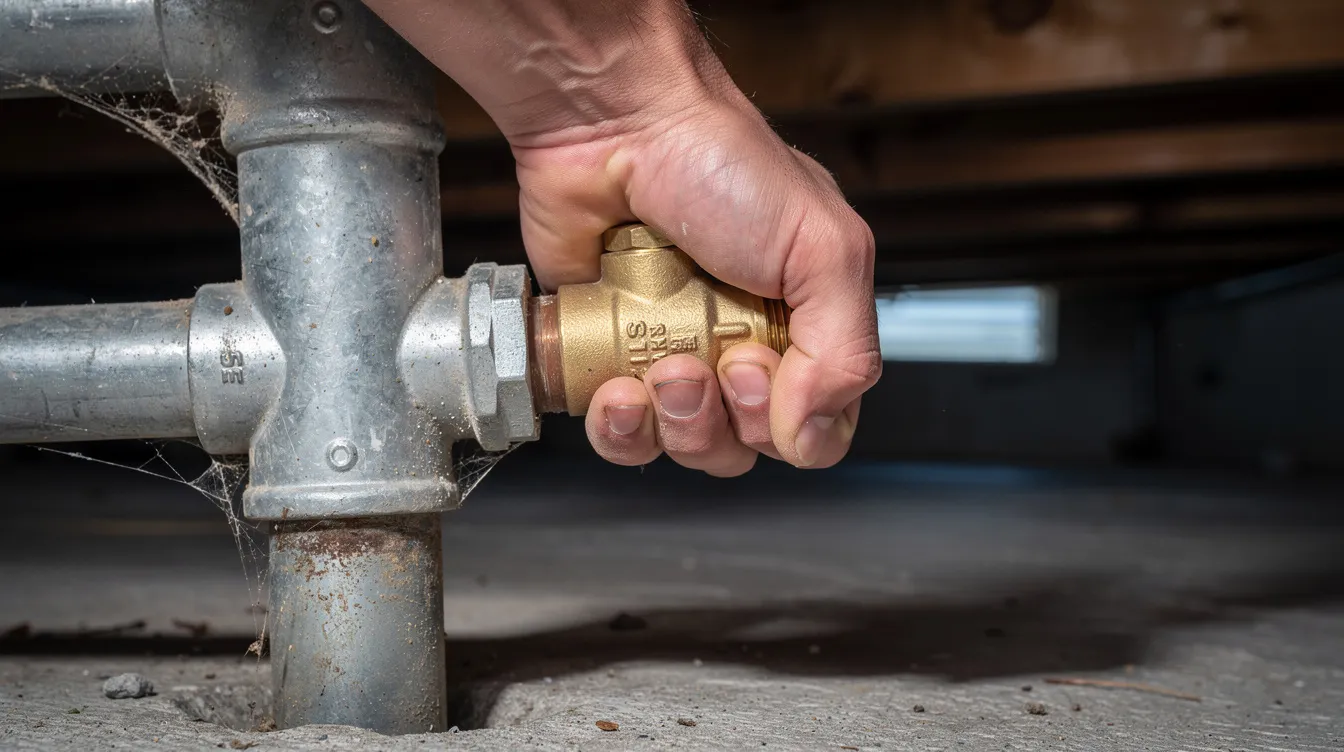 A hand is gripping and turning a brass water shut-off valve mounted on a copper pipe in a residential crawlspace, indicating an urgent need to stop water flow due to a potential burst pipe. This action is crucial in preventing further damage to the plumbing system and minimizing water damage in such emergencies.