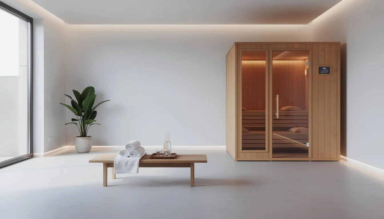 The image depicts a modern wellness room featuring a sleek wooden sauna cabin designed with a clean minimalist aesthetic. This space highlights the benefits of infrared saunas, showcasing a serene environment ideal for sauna therapy and promoting health benefits such as improved circulation and stress reduction.