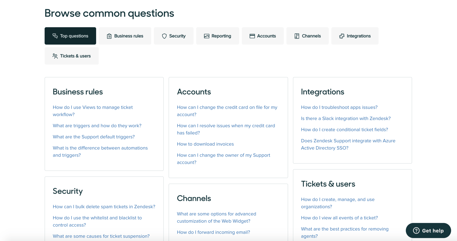 A screenshot of a knowledge base built in Zendesk, a tool for customer service management.