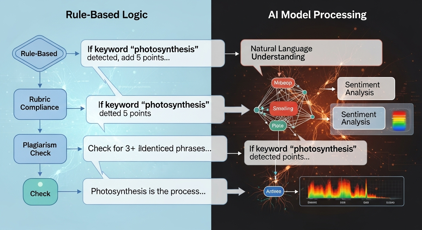 Student answers flowing through two different grading pipelines: rule-based logic and AI model processing.