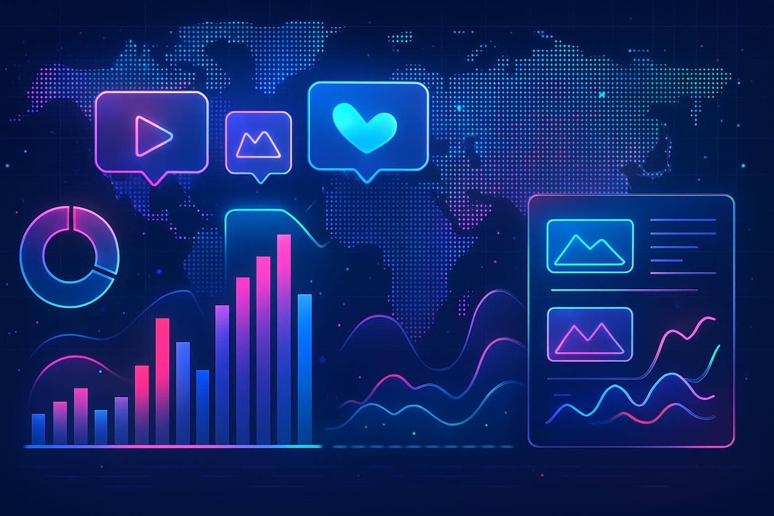 Futuristic data visualization with glowing world map and holographic analytics charts.