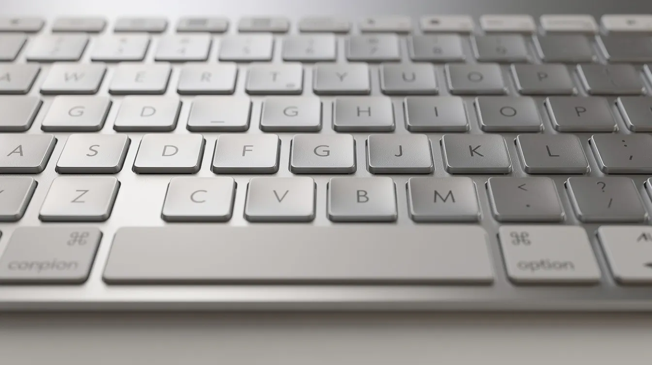 Die Nahaufnahme zeigt eine Mac Tastatur mit silbernem Aluminiumgehäuse, wobei der Fokus auf der mittleren Buchstabenreihe und den Option-Tasten neben der Leertaste liegt. Die Tasten sind klar erkennbar und zeigen das typische Layout einer Apple Tastatur.
