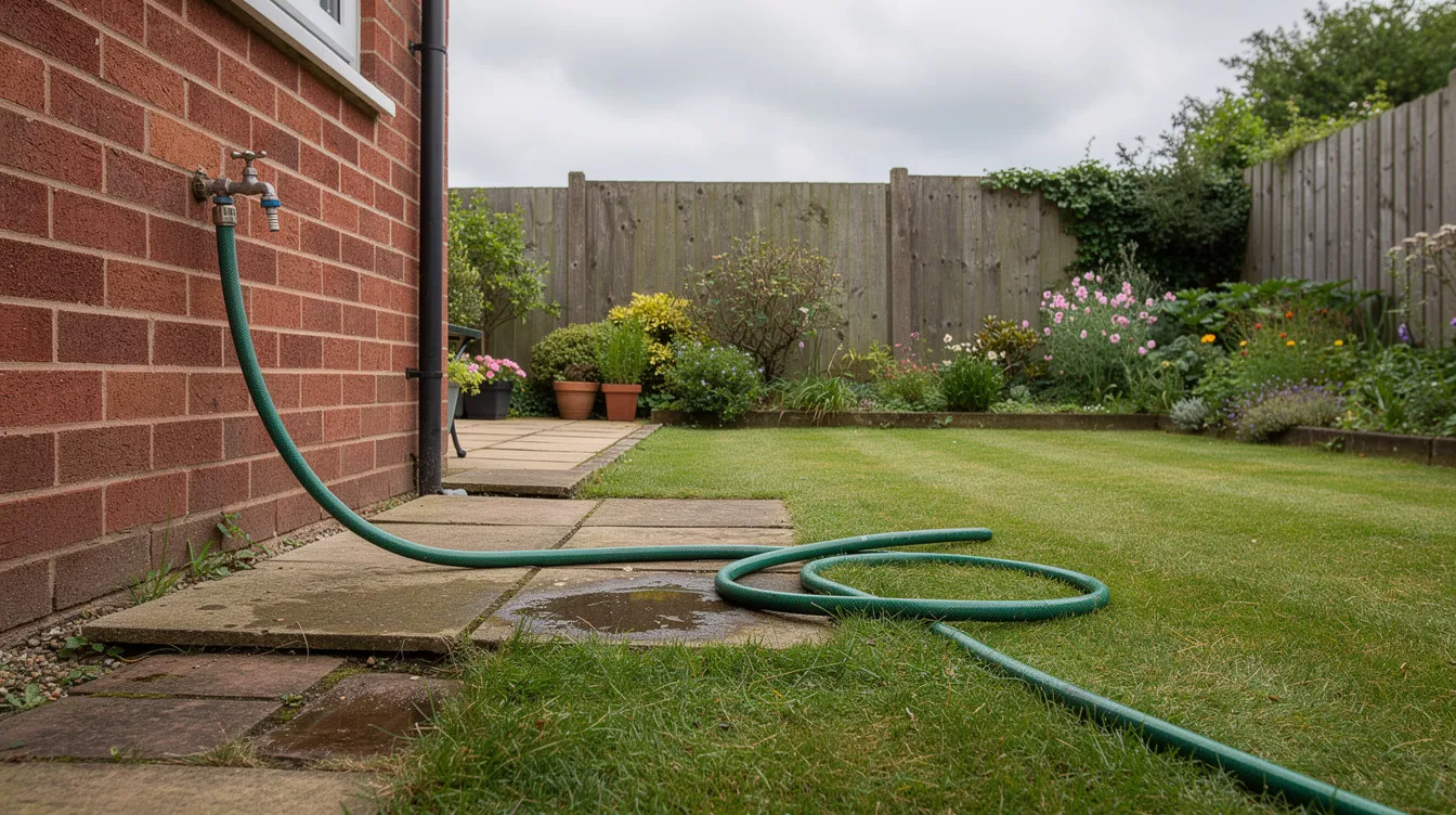 The image shows a hosepipe in a UK suburban garden, surrounded by ornamental plants and a paddling pool. With the ongoing hosepipe ban due to dry weather, residents are reminded to use water wisely and consider alternatives like watering cans for their gardens.