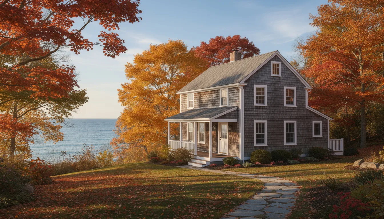 The image depicts a charming New England coastal home with cedar shingles, surrounded by vibrant autumn trees, and overlooking the ocean. This picturesque setting highlights the importance of maintaining a healthy indoor environment, as property owners should consider indoor air quality testing and mold inspection to mitigate potential health risks.
