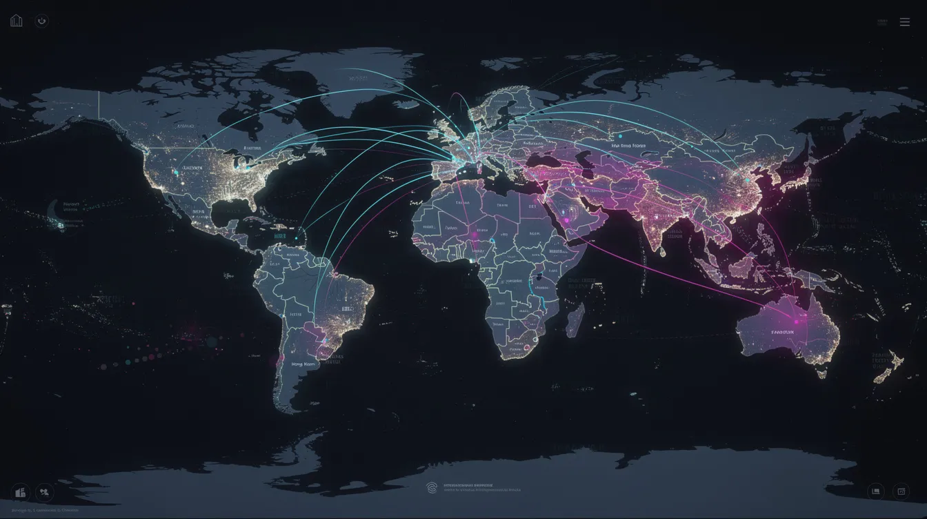 The image depicts a global map illuminated with glowing connection lines linking major cities, symbolizing international payment flows. This representation highlights the importance of payment gateways and online payment processing services in facilitating cross-border transactions and supporting various payment methods for global businesses.
