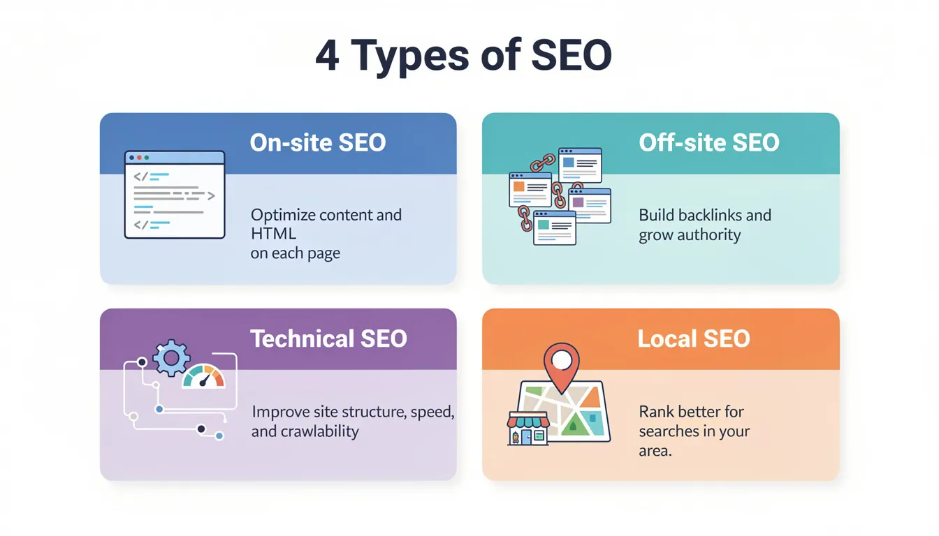 The image illustrates the four main types of SEO: on-site SEO, focusing on optimizing individual web pages; off-site SEO, which involves building backlinks to enhance authority; technical SEO, aimed at improving site architecture and user experience; and local SEO, designed to boost rankings in local search results. These strategies are essential for effective search engine optimization and improving search engine rankings.