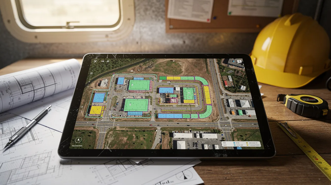 A tablet screen displays a vibrant aerial orthomosaic map of a construction site, resting on a desk inside a job trailer. This visual data, captured using drone technology, aids project managers and construction companies in monitoring site progress and enhancing efficiency in complex construction projects.