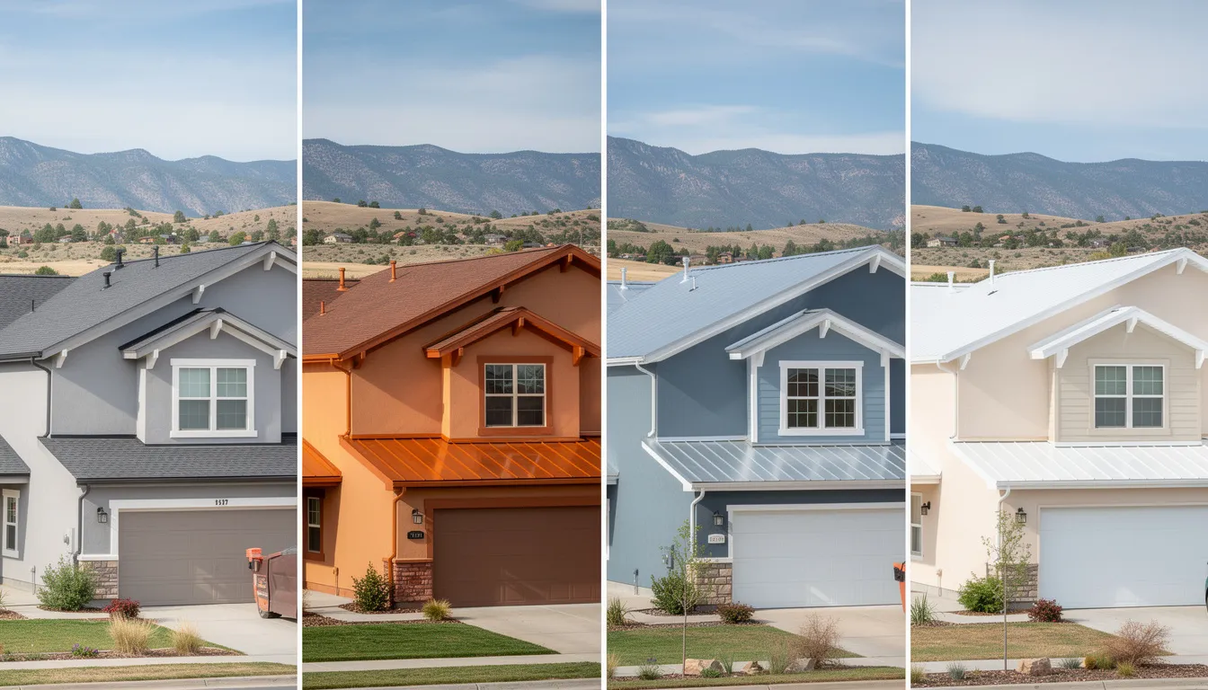 The image features a side-by-side comparison of four types of gutters—Aluminum, Copper, Steel, and Vinyl—installed on homes in Southern Colorado, each with a scenic background that complements their colors. This visual representation highlights the importance of choosing the right gutter system for both residential and commercial properties, showcasing options that can prevent costly repairs and protect the home's structure.