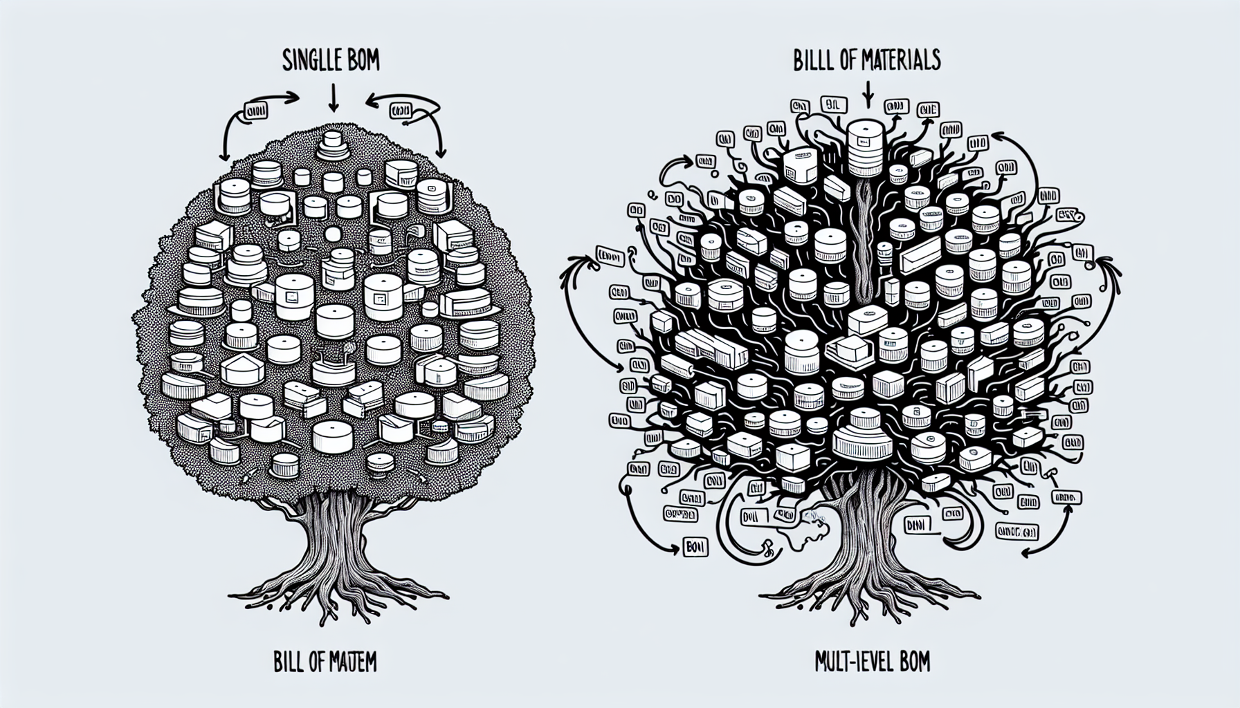 Illustration comparing single-level and multi-level BOM structures