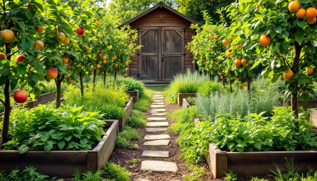 Dieses lebendige Bild zeigt einen ertragreichen Gemüsegarten mit einer Vielzahl farbenfroher Gemüsepflanzen, Obstbäumen und duftenden Kräutern, die alle gut gedeihen. Diese Szene bietet Inspiration für Gartenliebhaber, die ihren eigenen Garten mit einer vielfältigen Auswahl an Gartenpflanzen verschönern möchten, die in einem Online-Shop erhältlich sind.