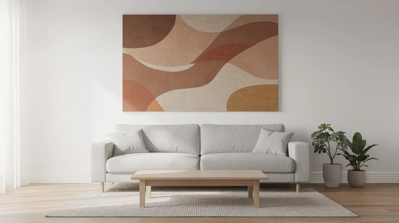 Abstracte wandkunst in warme aardetinten siert een kale muur boven een lichtgrijze bank in een minimalistische woonkamer, waardoor het een rustige uitstraling en een moderne sfeer creëert. Deze grote wanddecoratie fungeert als een echte blikvanger en is een perfecte aanvulling op het Scandinavisch interieur.