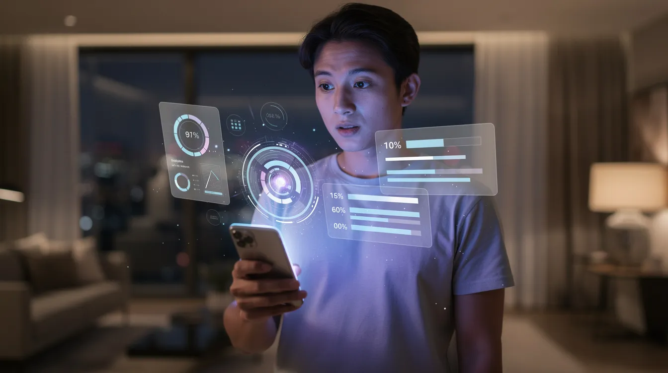 A person is holding a smartphone displaying a glowing holographic compatibility interface, set against the backdrop of a modern apartment. This image reflects the evolving dating world, showcasing how technology, like dating apps, can facilitate meaningful connections and enhance the dating experience for online daters.
